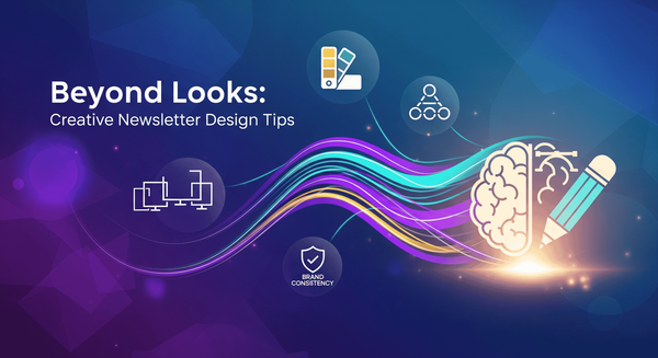 Illustration of creative newsletter design tips with icons for strategy, color, and layout.